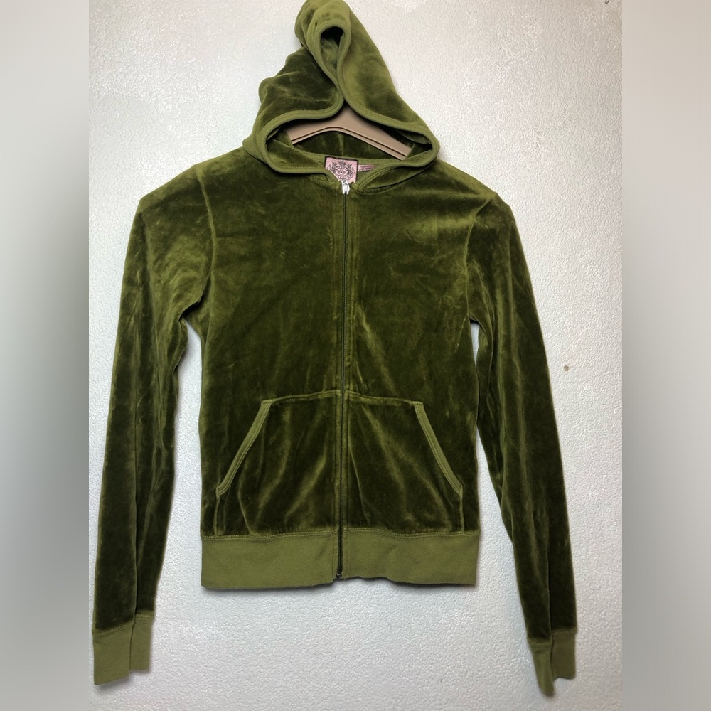 Juicy Couture Olive Green Velour Zip Hoodie Size M petite